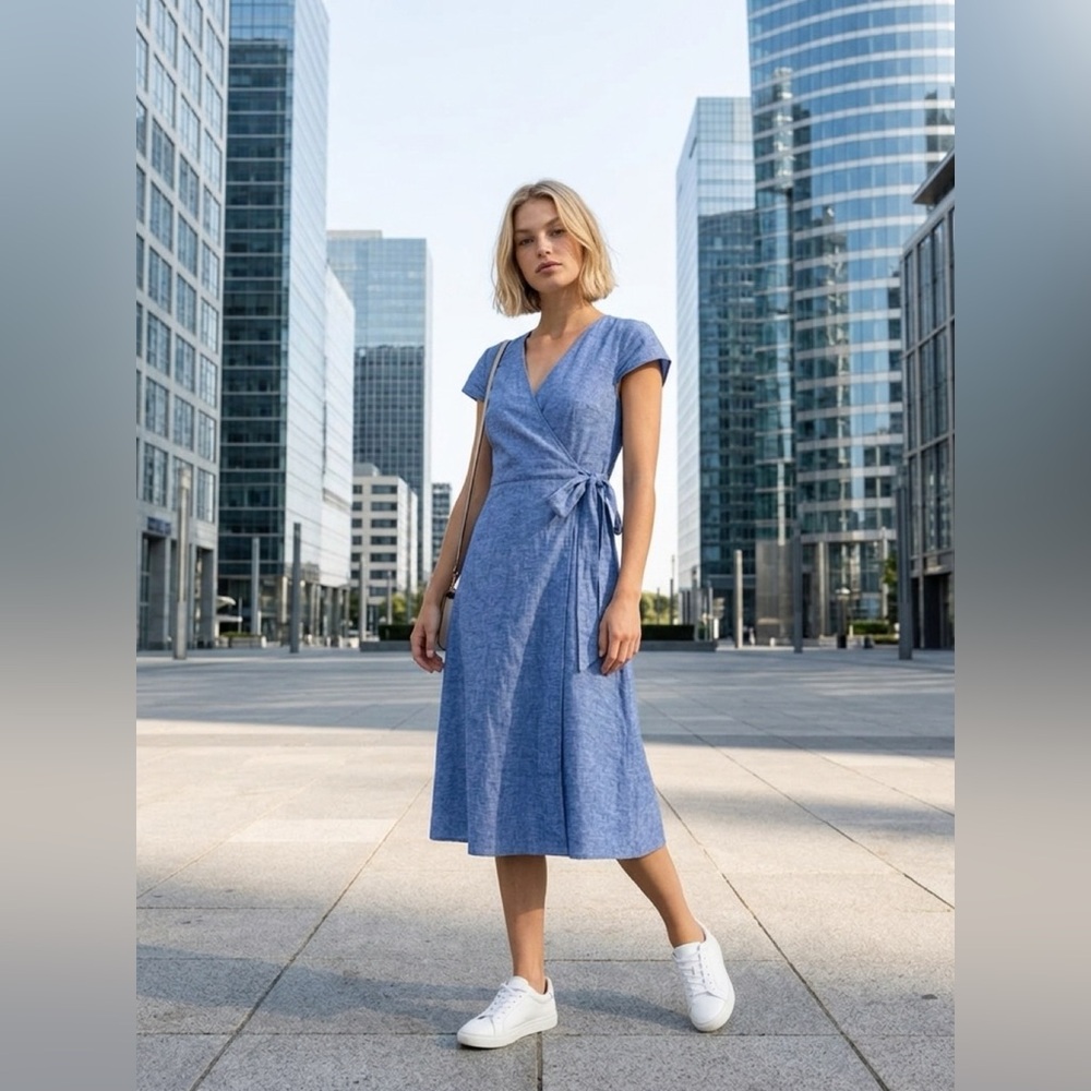 Alex Marie Chambray Blue Wrap Midi Dress